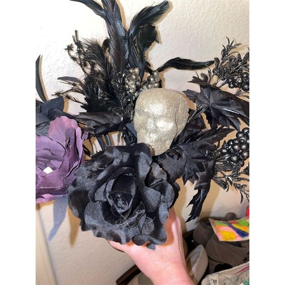 Gothic Black & Purple Rose Bouquet with Skull Accent Halloween Decor - Picture 10 of 11